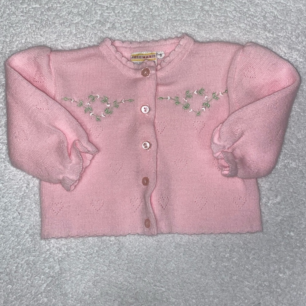 Vintage friemanit pink acrylic knit heart cardigan sweater size small